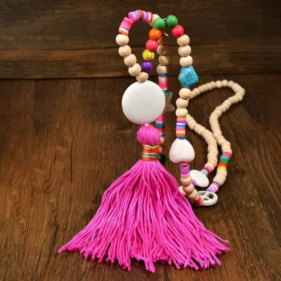 Handmade Boho Tassel Necklace with Wooden & Pink Stone Beads – 35" Long - Picture 4 of 5
